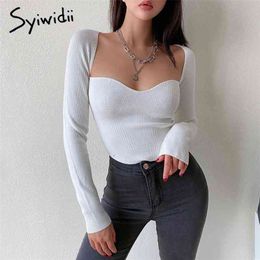 Syiwidii Ribber Knitted Square Collar Shirts for Women Casual Long Sleeve T Shirt Elastic Tee Spring Summer Sexy Tops 210623