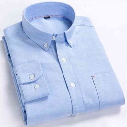 Men's Slim-Fit Long-Sleeve Blue Oxford Shirt 100% Cotton Wrinkle Free Dress Shirts Men Business Formal Office Wear Chemise Homme 210522