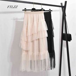 Women Vintage Tiered Tulle Pleated Skirts Princess High Waist Ruffled Sweet Cake Layered Long Mesh 210430