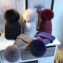 Fashion Winter Women's Wool Knitted Beanies Caps Real Fur Pom Poms Hairy Ball Thick Warm Hat For Child Beanie/Skull