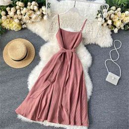 Summer Stripe Dress Women Korean Retro Square Collar Slim With Belt Midi Woman Casual Beach Long Robe Vestidos 210525