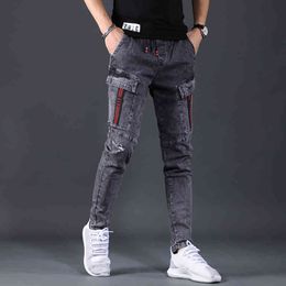 Летние грузовые брюки стремянки джинсы мужская мода Slim Fit упругая талия корейский стиль вскользь темно серые джинсовые брюки