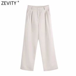 Zevity Women Fashion Solid Colour Pleat Design Pocket Straight Pants Retro Female Chic Zipper Fly Casual Long Trousers P1106 210603