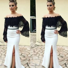 Black and white arabic prom dresses mermaid Juliet puff long sleeves eveing party gowns elegant off shoulder Split formal skirt