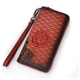 Wallet Women Cowhide Leather Rose Painting Clutch Purse Long Design Phone Female Handy Clutches Lady Coin Bag