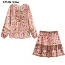 1 set Summer BOHO Pink Floral Print Long sleeve Shirt Ethnic Women Lacing up Mini Short Skirts Holiday Skirt sets Suits 210429