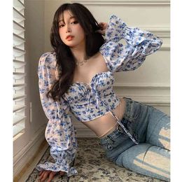 Floral Shirt French Square Neck Bubble Sleeve Design Minority Women's Summer Short Open Navel Long Top 210529