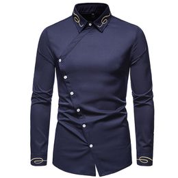 Embroidery Shirts Men Asymmetry Solid Long Sleeve Casual Shirt Mens Business Work Wedding Brand Camisas Oversized Dress Camisa 210524