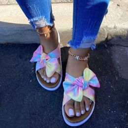 New Summer 2021 Women Slippers Leopard Rainbow Colour Lovely Bow-tie Slippers Open Round Toe Flats Beach Slides Shoes Sandal Y0427