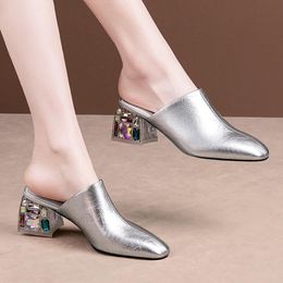 2022 New Fashion Women SlippersOutdoor Wearing Rhinestone Heel Muller ShoesSquare toeSlip on SlidesSoft PU LeatherDropship