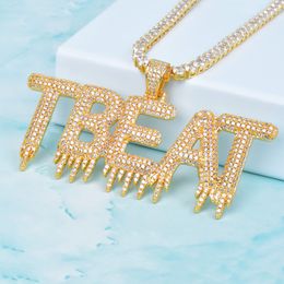 Solid Custom Name Drip Bubble Letters Pendant Necklaces With 4mm Tennis ChainFor Men Women Gold Colour Cubic Zircon Hip Hop Jewellery