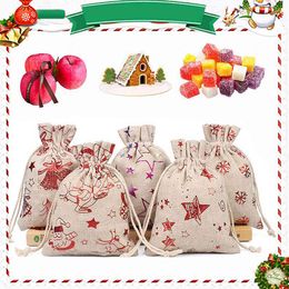 50pcs/pack Linen Cotton Elk Santa Claus Muslin Cosmetics Gifts Jewellery Packaging s Cute Drawstring Gift Bag & Pouches