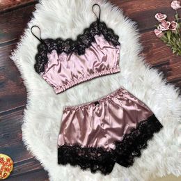 Women'S Pyjamas Set Home Suit Top And Shorts Sexy Lace Neck Sleeveless Satin Sleepwear Pijama Home Clothes For Women S-XL Q0706