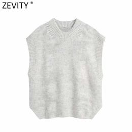 Zevity Women Fashion O Neck Solid Color Knitting Sweater Female Sleeveless Casual Loose Vest Chic Pullovers Tops S609 210603