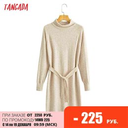 Tangada Fashion Women Beige Elegant Sweater Dress Turtleneck Long Sleeve Ladies Warm Knee Dress with Slash BC133 G1214