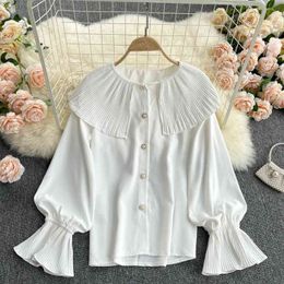 Spring Summer Design Solid Pleated Peter Pan Collar Puff Sleeve Loose Plus Size Shirt Women Tops 210615