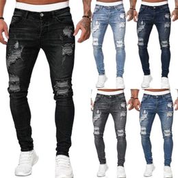 Men's Jeans Ripped Skinny Hole Trousers Stretch Slim Denim Pants Large Size Hip Hop Black Blue Casual Jogging for Men 211111