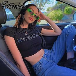 Fashion Rhinestones Print Casual Women's T-Shirts Short Sleeve Crew Neck Summer Tops Basic Slim Female Cotton Black Crop Top Tee 210514