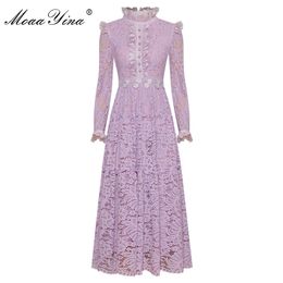 Fashion Designer dress Spring Autumn Women's Dress Stand collar Long sleeve Lace Applique Elegant Dresses 210524