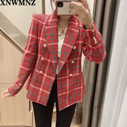 XNWMNZ Za women fashion double-breasted check blazer Female Elegant V-neck long sleeve ladies vintage buttoned plaid chic coat X0721