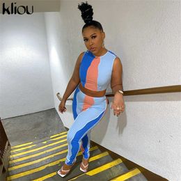 Kliou Patchwork Knitted Two Piece Set Women Summer O-Neck Crop Top+Stripe Legging Matching Outfit Female Sporty Streetwear 2021 Y0625