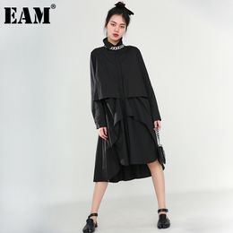 [EAM] Women Midi Asymmetric Long Big Size Shirt Dress Lapel Long Sleeve Loose Fit Fashion Spring Autumn 1DA76601 21512