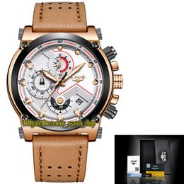 LIGE eternity LIGE9856 Sport Mens Watches Date White Dial Rose Gold pointer Japan VK Quartz Chronograph Movement Men Watch Black Bezel alloy Case Brown Leather Strap