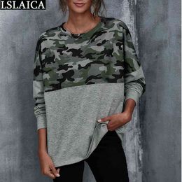 Long Sleeve Tops O Neck Loose Fashion Blouse Women Camouflage Print Patchwork Casual Knit Homewear Bottoming For 210520