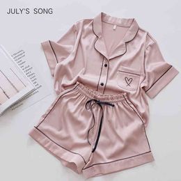 JULY'S SONG Heart Embroidery Women Solid Summer Pajamas Sleepwear Casual Soft Faux Silk Satin Nightwear Homewear
