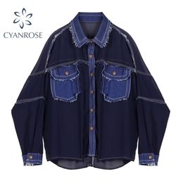 Women's Hollow Out Mesh Denim Patchwork Sexy Blouse Summer Fashion Streetwear Lapel Long Sleeve Female Casual Shirts 210515