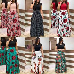 Women Summer Print Maxi Dress Elegant Floral Stitching Short Sleeve Robe Long Dress Lady Plus Size Banquet Party Dress Vestidos X0629