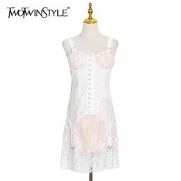 TWOTWINSTYLE White Patchwork Lace Dress For Women Square Collar Sleeveless High Waist Sexy Party Mini Dresses Female Fashion 210517