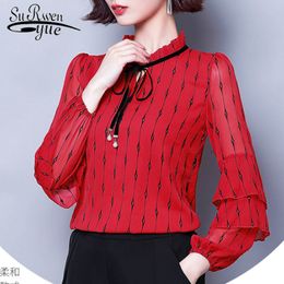 Casual Elegant Black Red Lady Top Office Shirts Autumn Fashion Women Chiffon Blouses Long Sleeve Bow 6232 50 210427