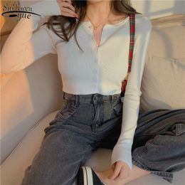 Korean High-waisted Single-breasted Button-up Long Sleeve Women's Top Spring Knitted Cardigan Slim Short Coat 12820 210427