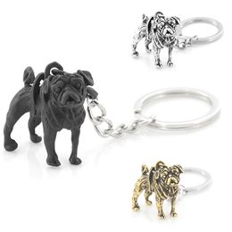 Retro Black Pug Keychain Vintage Silver Plated Dog Animal Key Chain Keyring Bag Charm Women Man Child Pet Lover Gift Jewellery