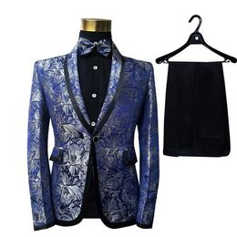 Men's Suits & Blazers Fashion Shawl Lapel Blue Floral Pattern Jacquard Banquet Singers Slim Fit Suit Men Costume Homme Latest Coat Pant Desi