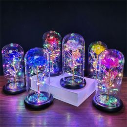 Artificial Eternal Rose Led Light Beauty The Beast In Glass Cover Christmas Home Decor For Valentines Day New Year Gift#g30 210317