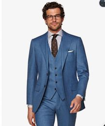 Latest Design Two Buttons Light Blue Groom Tuxedos Notch Lapel Wedding/Prom/Dinner Groomsmen Men Suits Blazer (Jacket+Pants+Vest+Tie) W1335