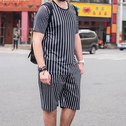 Men's Tracksuits Summer Stripe Sports Suit Fitness Running Training Outdoor Leisure Beach Short Sleeves + Jogging Shorts Large Size Set