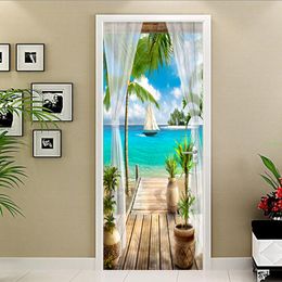 2 Pieces/Set Creative DIY 3D Door Wall Stickers 3D Seaside Landscape Wallpaper Living Room Restaurant Home Decor PVC Home Decor 210317