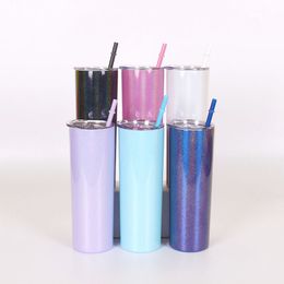 20oz Sublimation Vacuum Insulated Bottle Colourful Glitter Straight Skinny Tumbler with Lid Straw Office Coffee Mug sea shipping GGA3226