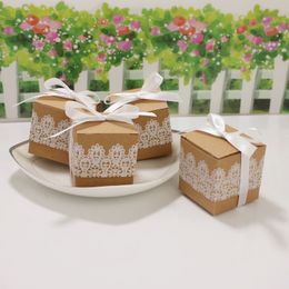 Sweet Lovely Candy Box Rustic White Lace Kraft Paper Romantic Vintage Gift Boxes With Ribbons Wedding Party Decoration