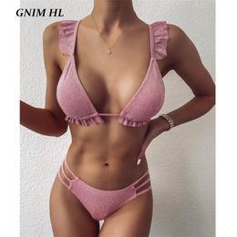 GNIM Ruffle Bikini Swimwear Women Push Up Sexy Solid Brazilian Swimsuit Two Pieces Backless Swimming Suit For Women Biquini 210319