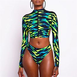 Sexy Long Sleeve Women's Swimsuit Zipper African Swimwear Backless Bathing Suit High Waist Bikini Set Brazilian Beachwear 210629