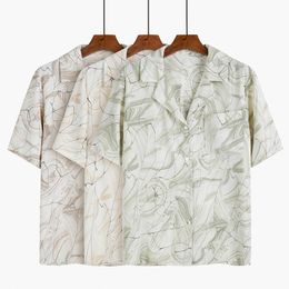 Women Shirt Short Sleeve Summer Notch Collar Print White Khaki Green Beach B0618 210514
