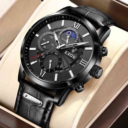 LIGE Luxury Black Watches Quartz Men's Watches Leather 30M Waterproof Fashion Men's Watch Watch for Men Clock 210517