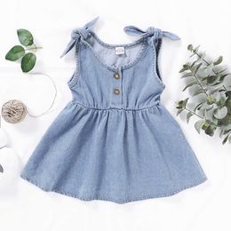 FOCUSNORM 2021 New Princess Baby Girls Dress 1-4Y Blue Denim Solid Sleeveless Bowknot Knee Length A-Line Sundress Q0716