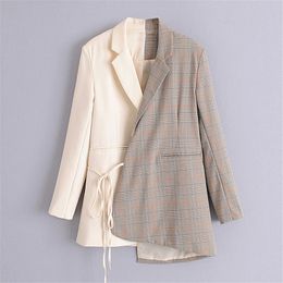 BLSQR Women Patchwork Plaid Suits Blazer Vintage Spliced Asymmetrical Jacket Ladies Lace-up Coat 210430