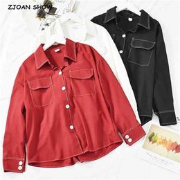 CHIC Korea Clothes Hit Colour line Lapel Casual Shirt Double Pockets Single-breasted buttons Loose Women Blouse Tops 210429