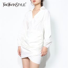 White Ruched Dress For Women V Neck Lantern Long Sleeve High Waist Slim Mini Dresses Female Summer Fashion 210520